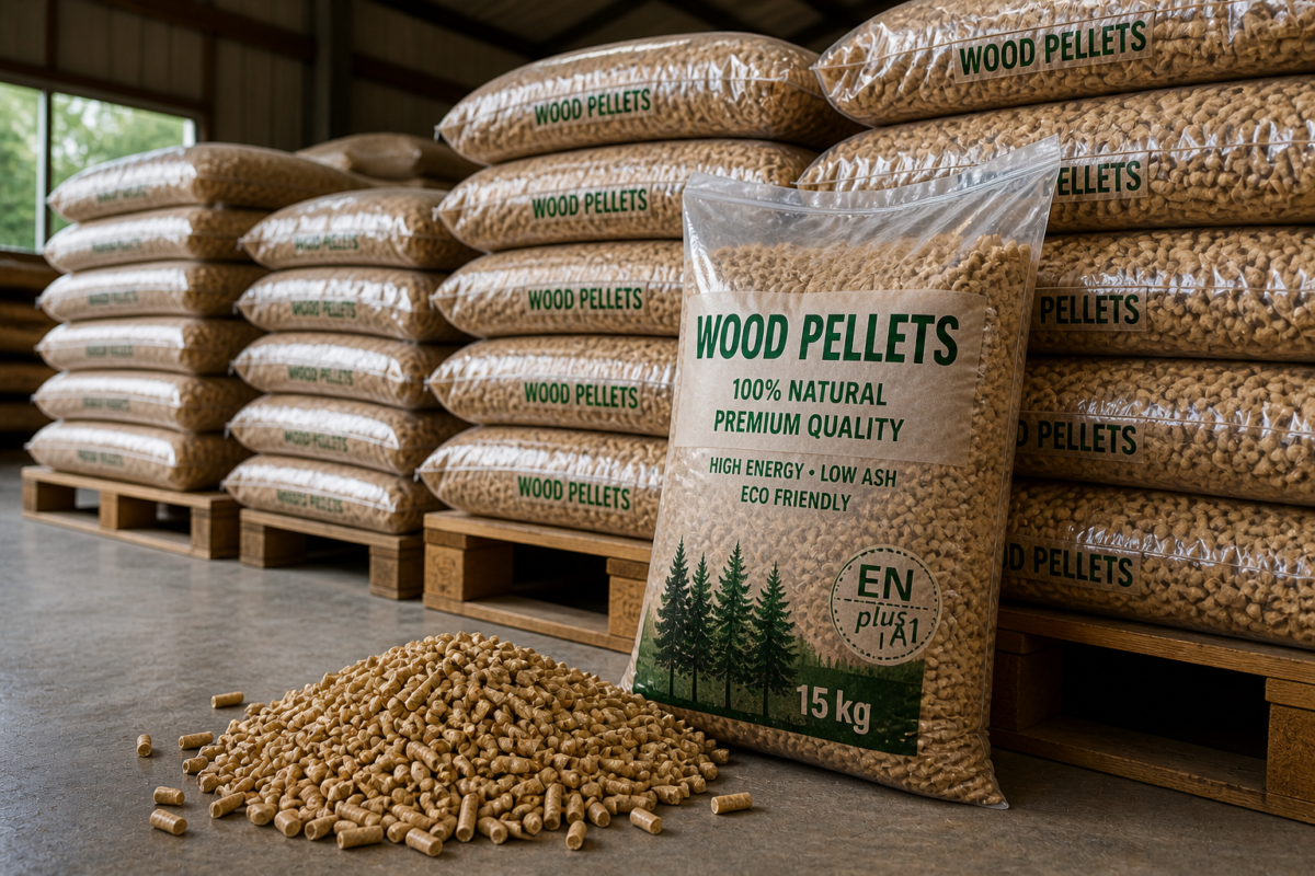 stacked wood pellet bags storage warehouse